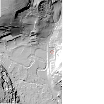 Shaded relief map of the ground around DE41AA, computed from Environment Agency LiDAR. The ground here sits at about 124 m above sea level and falls 66 m across the surrounding 800 m. Surface water reaching this point runs off ground lying to the south-east, 19.8 m higher.