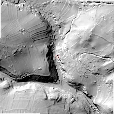 Shaded relief map of the ground around DE42AA, computed from Environment Agency LiDAR. The ground here sits at about 193 m above sea level and falls 122 m across the surrounding 800 m. Surface water reaching this point runs off ground lying to the north-east, 101.2 m higher.