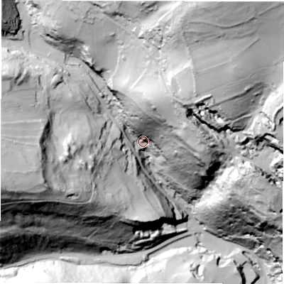 Shaded relief map of the ground around DE42AH, computed from Environment Agency LiDAR. The ground here sits at about 160 m above sea level and falls 157 m across the surrounding 800 m. Surface water reaching this point runs off ground lying to the north-north-east, 116.9 m higher.