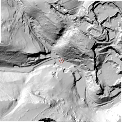 Shaded relief map of the ground around DE42AJ, computed from Environment Agency LiDAR. The ground here sits at about 122 m above sea level and falls 140 m across the surrounding 800 m. Surface water reaching this point runs off ground lying to the south-west, 116.0 m higher.