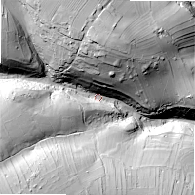 Shaded relief map of the ground around DE42AY, computed from Environment Agency LiDAR. The ground here sits at about 216 m above sea level and falls 93 m across the surrounding 800 m. Surface water reaching this point runs off ground lying to the north-north-west, 58.7 m higher.