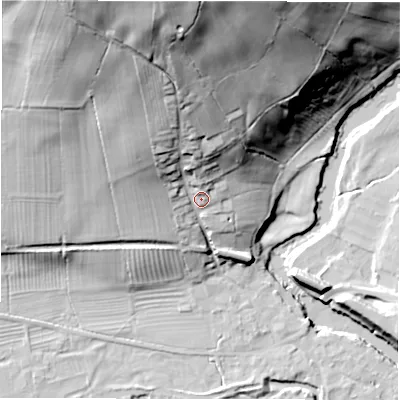 Shaded relief map of the ground around DE42EA, computed from Environment Agency LiDAR. The ground here sits at about 113 m above sea level and falls 65 m across the surrounding 800 m. Surface water reaching this point runs off ground lying to the north, 50.7 m higher.
