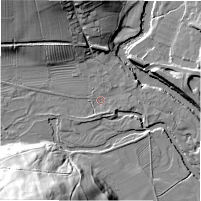 Shaded relief map of the ground around DE42EB, computed from Environment Agency LiDAR. The ground here sits at about 100 m above sea level and falls 59 m across the surrounding 800 m. Surface water reaching this point runs off ground lying to the north-north-west, 23.7 m higher.