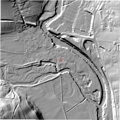 Shaded relief map of the ground around DE42ED, computed from Environment Agency LiDAR. The ground here sits at about 100 m above sea level and falls 60 m across the surrounding 800 m. Surface water reaching this point runs off ground lying to the north-west, 20.3 m higher.