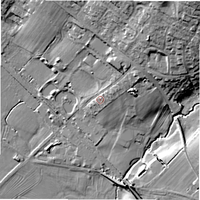 Shaded relief map of the ground around DE42EQ, computed from Environment Agency LiDAR. The ground here sits at about 102 m above sea level and falls 37 m across the surrounding 800 m. Surface water reaching this point runs off ground lying to the north-east, 18.3 m higher.