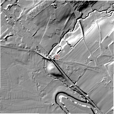 Shaded relief map of the ground around DE42ER, computed from Environment Agency LiDAR. The ground here sits at about 101 m above sea level and falls 23 m across the surrounding 800 m. Surface water reaching this point runs off ground lying to the east, 11.4 m higher.