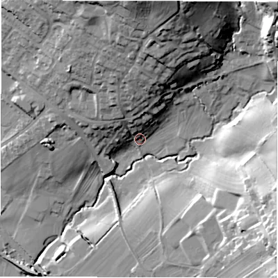 Shaded relief map of the ground around DE42EX, computed from Environment Agency LiDAR. The ground here sits at about 104 m above sea level and falls 48 m across the surrounding 800 m. Surface water reaching this point runs off ground lying to the north, 32.8 m higher.