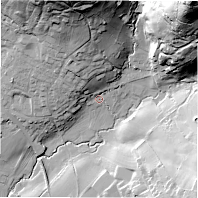 Shaded relief map of the ground around DE42EZ, computed from Environment Agency LiDAR. The ground here sits at about 109 m above sea level and falls 105 m across the surrounding 800 m. Surface water reaching this point runs off ground lying to the north-north-west, 21.6 m higher.