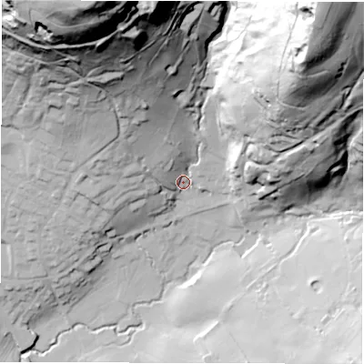 Shaded relief map of the ground around DE42FF, computed from Environment Agency LiDAR. The ground here sits at about 115 m above sea level and falls 122 m across the surrounding 800 m. Surface water reaching this point runs off ground lying to the north-north-west, 107.8 m higher.