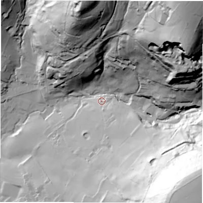 Shaded relief map of the ground around DE42FG, computed from Environment Agency LiDAR. The ground here sits at about 121 m above sea level and falls 134 m across the surrounding 800 m. Surface water reaching this point runs off ground lying to the south-east, 114.2 m higher.