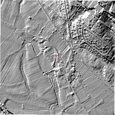 Shaded relief map of the ground around DE42GL, computed from Environment Agency LiDAR. The ground here sits at about 96 m above sea level and falls 31 m across the surrounding 800 m. Surface water reaching this point runs off ground lying to the north-east, 19.7 m higher.