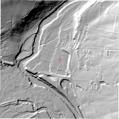 Shaded relief map of the ground around DE42JE, computed from Environment Agency LiDAR. The ground here sits at about 102 m above sea level and falls 50 m across the surrounding 800 m. Surface water reaching this point runs off ground lying to the east, 5.8 m higher.