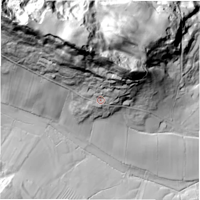 Shaded relief map of the ground around DE42JJ, computed from Environment Agency LiDAR. The ground here sits at about 129 m above sea level and falls 98 m across the surrounding 800 m. Surface water reaching this point runs off ground lying to the north-north-west, 59.4 m higher.