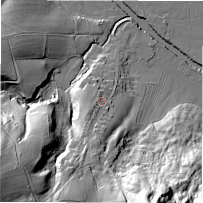 Shaded relief map of the ground around DE42JW, computed from Environment Agency LiDAR. The ground here sits at about 113 m above sea level and falls 85 m across the surrounding 800 m. Surface water reaching this point runs off ground lying to the south-south-west, 15.6 m higher.