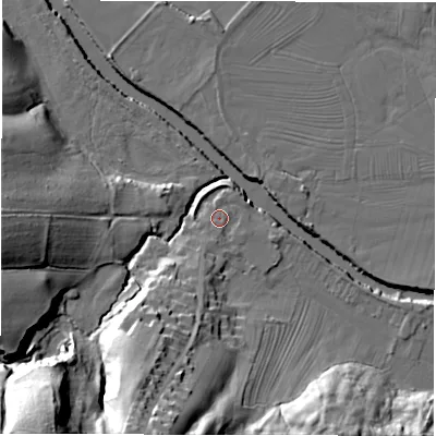 Shaded relief map of the ground around DE42JY, computed from Environment Agency LiDAR. The ground here sits at about 95 m above sea level and falls 47 m across the surrounding 800 m. Surface water reaching this point runs off ground lying to the south, 1.5 m higher.