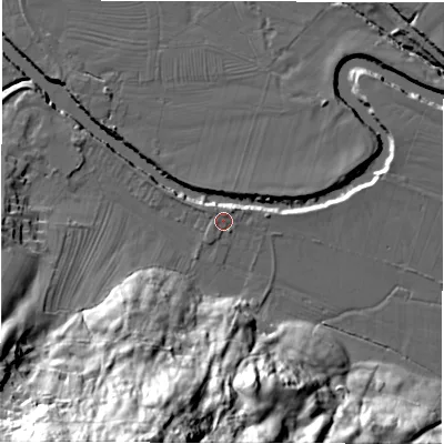 Shaded relief map of the ground around DE42JZ, computed from Environment Agency LiDAR. The ground here sits at about 94 m above sea level and falls 61 m across the surrounding 800 m. Surface water reaching this point runs off ground lying to the north-north-east, 1.2 m higher.