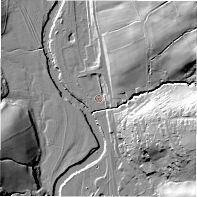 Shaded relief map of the ground around DE42LF, computed from Environment Agency LiDAR. The ground here sits at about 99 m above sea level and falls 72 m across the surrounding 800 m. Surface water reaching this point runs off ground lying to the north-east, 68.1 m higher.