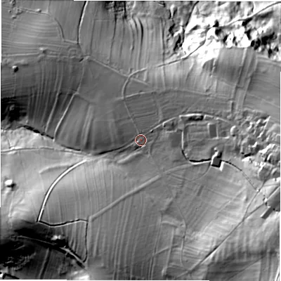 Shaded relief map of the ground around DE42LW, computed from Environment Agency LiDAR. The ground here sits at about 181 m above sea level and falls 96 m across the surrounding 800 m. Surface water reaching this point runs off ground lying to the east, 9.5 m higher.