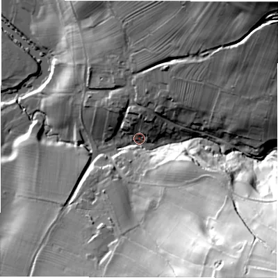 Shaded relief map of the ground around DE42NB, computed from Environment Agency LiDAR. The ground here sits at about 110 m above sea level and falls 81 m across the surrounding 800 m. Surface water reaching this point runs off ground lying to the south-east, 58.8 m higher.