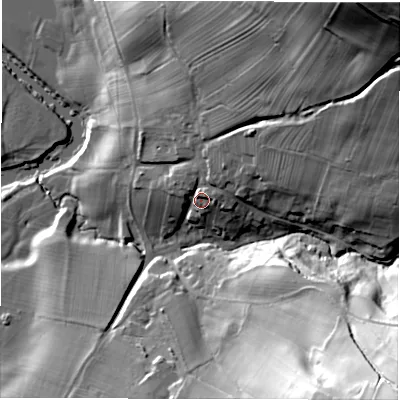 Shaded relief map of the ground around DE42ND, computed from Environment Agency LiDAR. The ground here sits at about 117 m above sea level and falls 80 m across the surrounding 800 m. Surface water reaching this point runs off ground lying to the north-east, 12.6 m higher.