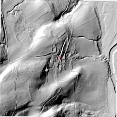 Shaded relief map of the ground around DE42NG, computed from Environment Agency LiDAR. The ground here sits at about 151 m above sea level and falls 142 m across the surrounding 800 m. Surface water reaching this point runs off ground lying to the west-north-west, 30.4 m higher.