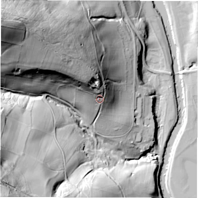 Shaded relief map of the ground around DE42NX, computed from Environment Agency LiDAR. The ground here sits at about 135 m above sea level and falls 103 m across the surrounding 800 m. Surface water reaching this point runs off ground lying to the north-west, 25.2 m higher.