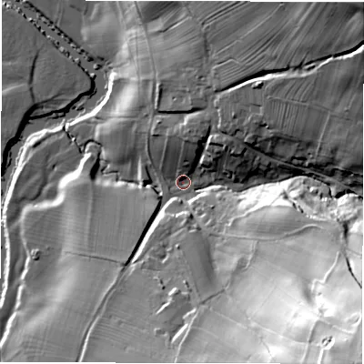 Shaded relief map of the ground around DE42NZ, computed from Environment Agency LiDAR. The ground here sits at about 107 m above sea level and falls 75 m across the surrounding 800 m. Surface water reaching this point runs off ground lying to the south-east, 68.0 m higher.