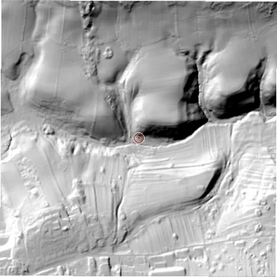 Shaded relief map of the ground around DE42SF, computed from Environment Agency LiDAR. The ground here sits at about 177 m above sea level and falls 82 m across the surrounding 800 m. Surface water reaching this point runs off ground lying to the south-west, 58.4 m higher.