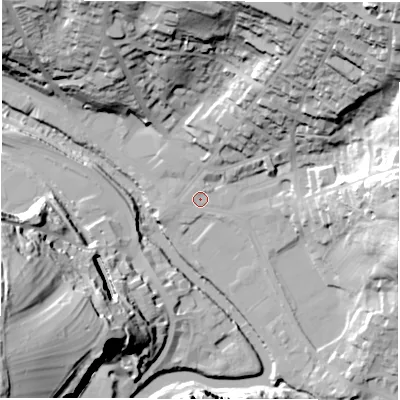 Shaded relief map of the ground around DE43AP, computed from Environment Agency LiDAR. The ground here sits at about 91 m above sea level and falls 68 m across the surrounding 800 m. Surface water reaching this point runs off ground lying to the north-east, 62.5 m higher.