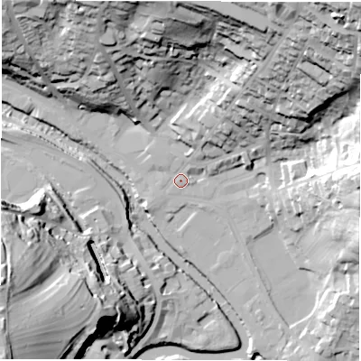 Shaded relief map of the ground around DE43AQ, computed from Environment Agency LiDAR. The ground here sits at about 92 m above sea level and falls 70 m across the surrounding 800 m. Surface water reaching this point runs off ground lying to the north-east, 59.6 m higher.