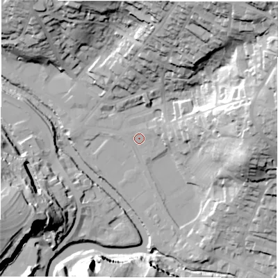 Shaded relief map of the ground around DE43AR, computed from Environment Agency LiDAR. The ground here sits at about 91 m above sea level and falls 69 m across the surrounding 800 m. Surface water reaching this point runs off ground lying to the east-north-east, 2.3 m higher.