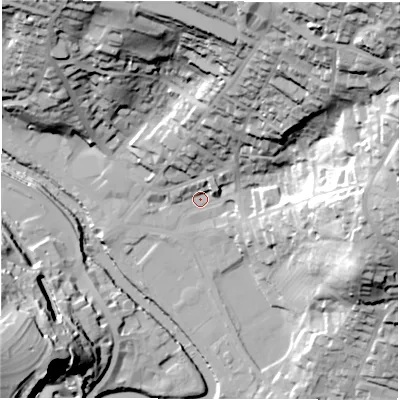 Shaded relief map of the ground around DE43AS, computed from Environment Agency LiDAR. The ground here sits at about 92 m above sea level and falls 79 m across the surrounding 800 m. Surface water reaching this point runs off ground lying to the north-east, 68.6 m higher.