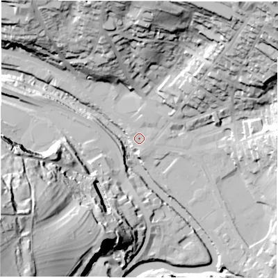 Shaded relief map of the ground around DE43AT, computed from Environment Agency LiDAR. The ground here sits at about 91 m above sea level and falls 73 m across the surrounding 800 m. Surface water reaching this point runs off ground lying to the north-north-east, 2.0 m higher.