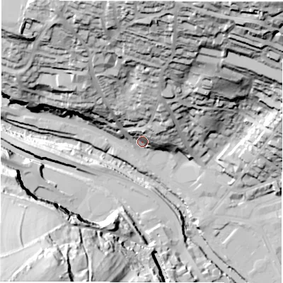 Shaded relief map of the ground around DE43AU, computed from Environment Agency LiDAR. The ground here sits at about 96 m above sea level and falls 82 m across the surrounding 800 m. Surface water reaching this point runs off ground lying to the north-north-east, 45.4 m higher.