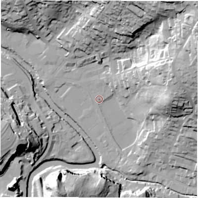 Shaded relief map of the ground around DE43AW, computed from Environment Agency LiDAR. The ground here sits at about 91 m above sea level and falls 65 m across the surrounding 800 m. Surface water reaching this point runs off ground lying to the north-north-east, 3.1 m higher.