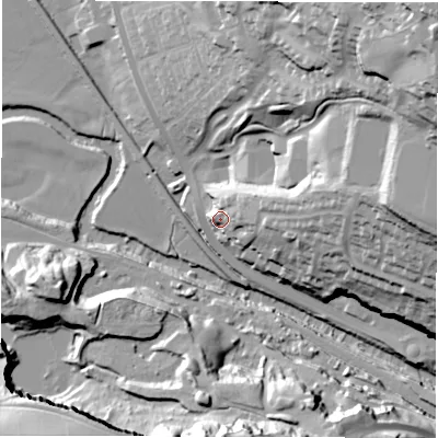 Shaded relief map of the ground around DE43AZ, computed from Environment Agency LiDAR. The ground here sits at about 100 m above sea level and falls 67 m across the surrounding 800 m. Surface water reaching this point runs off ground lying to the east-north-east, 17.9 m higher.