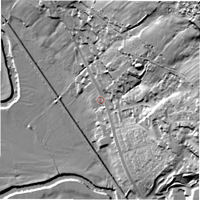 Shaded relief map of the ground around DE43BN, computed from Environment Agency LiDAR. The ground here sits at about 98 m above sea level and falls 94 m across the surrounding 800 m. Surface water reaching this point runs off ground lying to the north-east, 15.0 m higher.