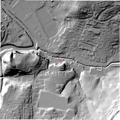 Shaded relief map of the ground around DE43BS, computed from Environment Agency LiDAR. The ground here sits at about 92 m above sea level and falls 88 m across the surrounding 800 m. Surface water reaching this point runs off ground lying to the south-east, 71.2 m higher.