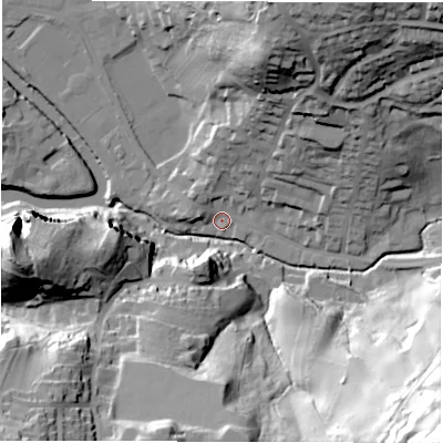 Shaded relief map of the ground around DE43BT, computed from Environment Agency LiDAR. The ground here sits at about 91 m above sea level and falls 87 m across the surrounding 800 m. Surface water reaching this point runs off ground lying to the south-east, 83.0 m higher.