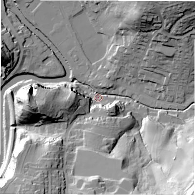 Shaded relief map of the ground around DE43BW, computed from Environment Agency LiDAR. The ground here sits at about 91 m above sea level and falls 75 m across the surrounding 800 m. Surface water reaching this point runs off ground lying to the south-east, 71.1 m higher.