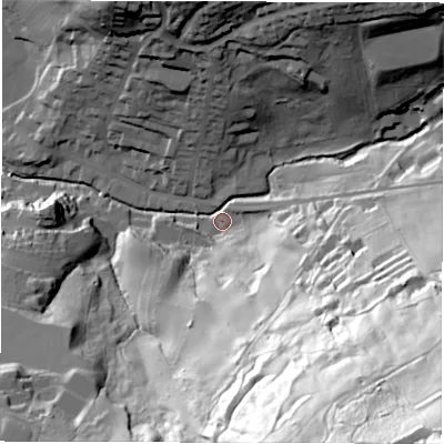 Shaded relief map of the ground around DE43BX, computed from Environment Agency LiDAR. The ground here sits at about 93 m above sea level and falls 143 m across the surrounding 800 m. Surface water reaching this point runs off ground lying to the south-east, 140.6 m higher.