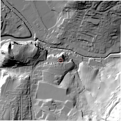 Shaded relief map of the ground around DE43BY, computed from Environment Agency LiDAR. The ground here sits at about 107 m above sea level and falls 110 m across the surrounding 800 m. Surface water reaching this point runs off ground lying to the south-south-west, 16.8 m higher.