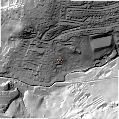 Shaded relief map of the ground around DE43DJ, computed from Environment Agency LiDAR. The ground here sits at about 104 m above sea level and falls 85 m across the surrounding 800 m. Surface water reaching this point runs off ground lying to the north-north-west, 7.7 m higher.