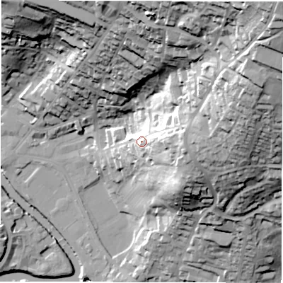 Shaded relief map of the ground around DE43DP, computed from Environment Agency LiDAR. The ground here sits at about 113 m above sea level and falls 92 m across the surrounding 800 m. Surface water reaching this point runs off ground lying to the east, 20.9 m higher.