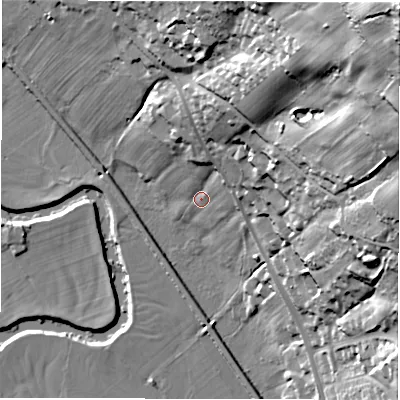 Shaded relief map of the ground around DE43EG, computed from Environment Agency LiDAR. The ground here sits at about 98 m above sea level and falls 87 m across the surrounding 800 m. Surface water reaching this point runs off ground lying to the north-east, 80.0 m higher.