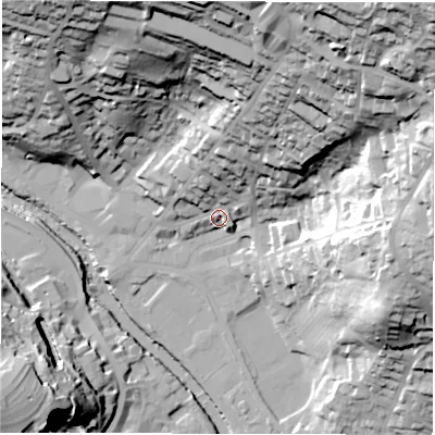 Shaded relief map of the ground around DE43FD, computed from Environment Agency LiDAR. The ground here sits at about 97 m above sea level and falls 83 m across the surrounding 800 m. Surface water reaching this point runs off ground lying to the north-north-east, 62.9 m higher.