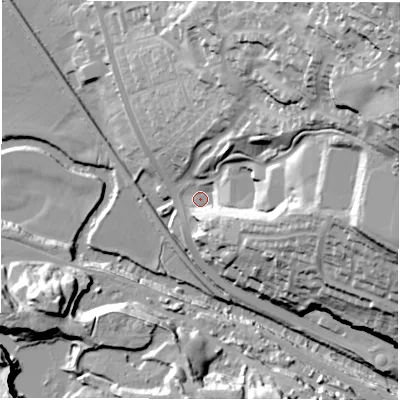 Shaded relief map of the ground around DE43FR, computed from Environment Agency LiDAR. The ground here sits at about 95 m above sea level and falls 74 m across the surrounding 800 m. Surface water reaching this point runs off ground lying to the east-north-east, 53.3 m higher.