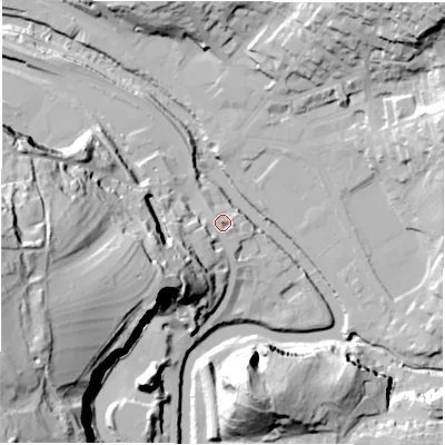 Shaded relief map of the ground around DE43LT, computed from Environment Agency LiDAR. The ground here sits at about 95 m above sea level and falls 73 m across the surrounding 800 m. Surface water reaching this point runs off ground lying to the south-west, 37.2 m higher.