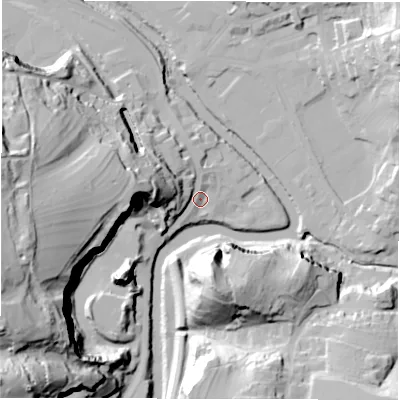 Shaded relief map of the ground around DE43LU, computed from Environment Agency LiDAR. The ground here sits at about 93 m above sea level and falls 76 m across the surrounding 800 m. Surface water reaching this point runs off ground lying to the west, 53.6 m higher.