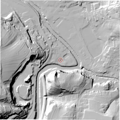 Shaded relief map of the ground around DE43LX, computed from Environment Agency LiDAR. The ground here sits at about 91 m above sea level and falls 67 m across the surrounding 800 m. Surface water reaching this point runs off ground lying to the north-west, 4.9 m higher.